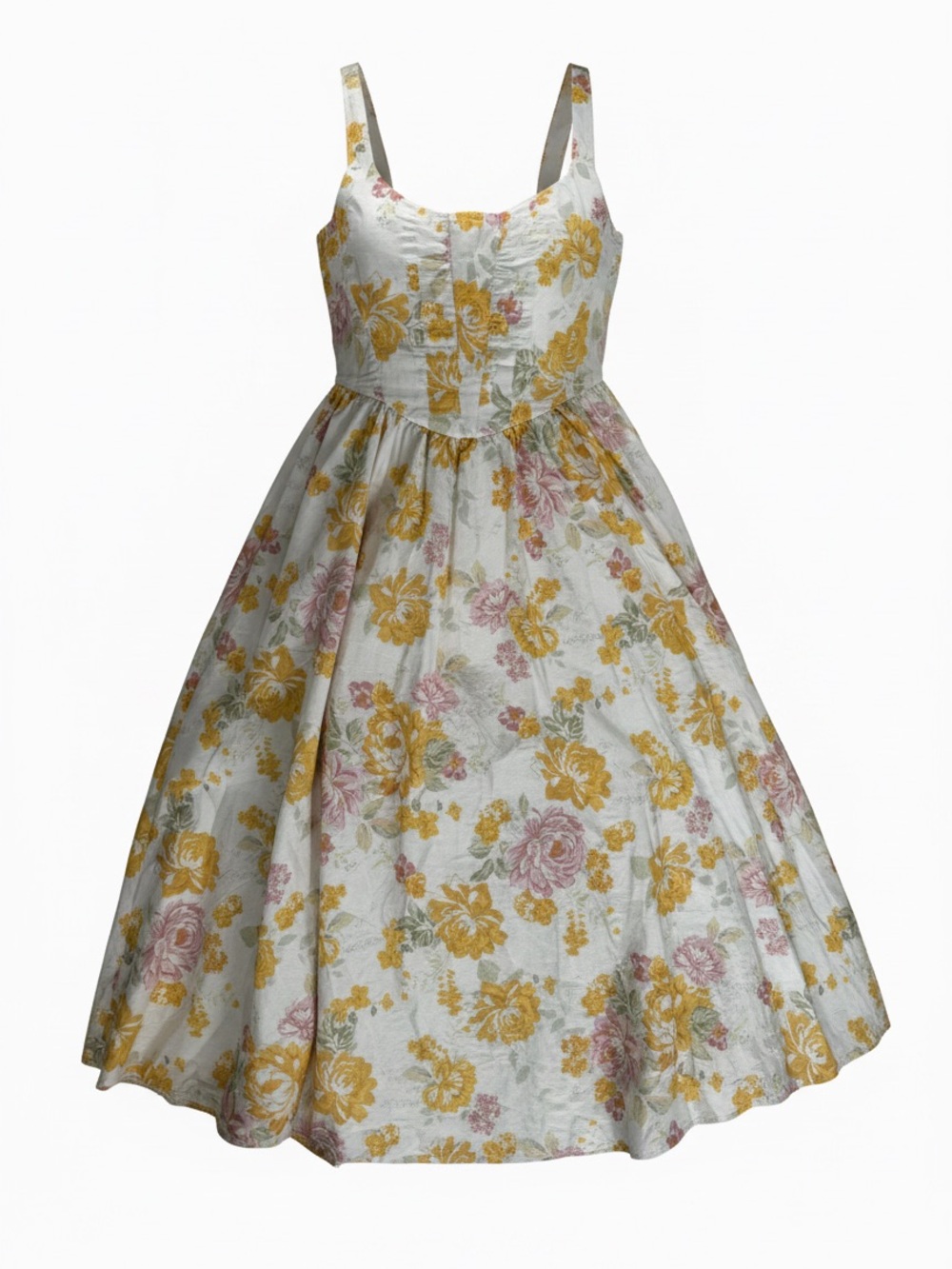 Wayf Floral Vintage-Inspired Sundress in White, Yellow & Pink
